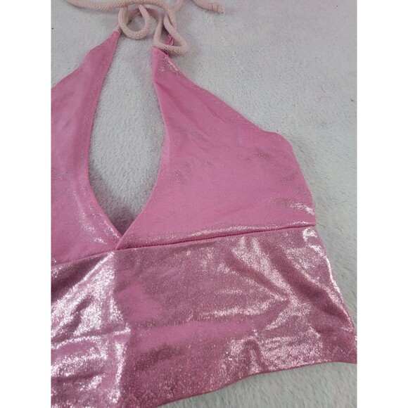 Barbie Pink Metallic Glitter Sexy Halter Crop Top Adjustable Size Small - Picture 4 of 5
